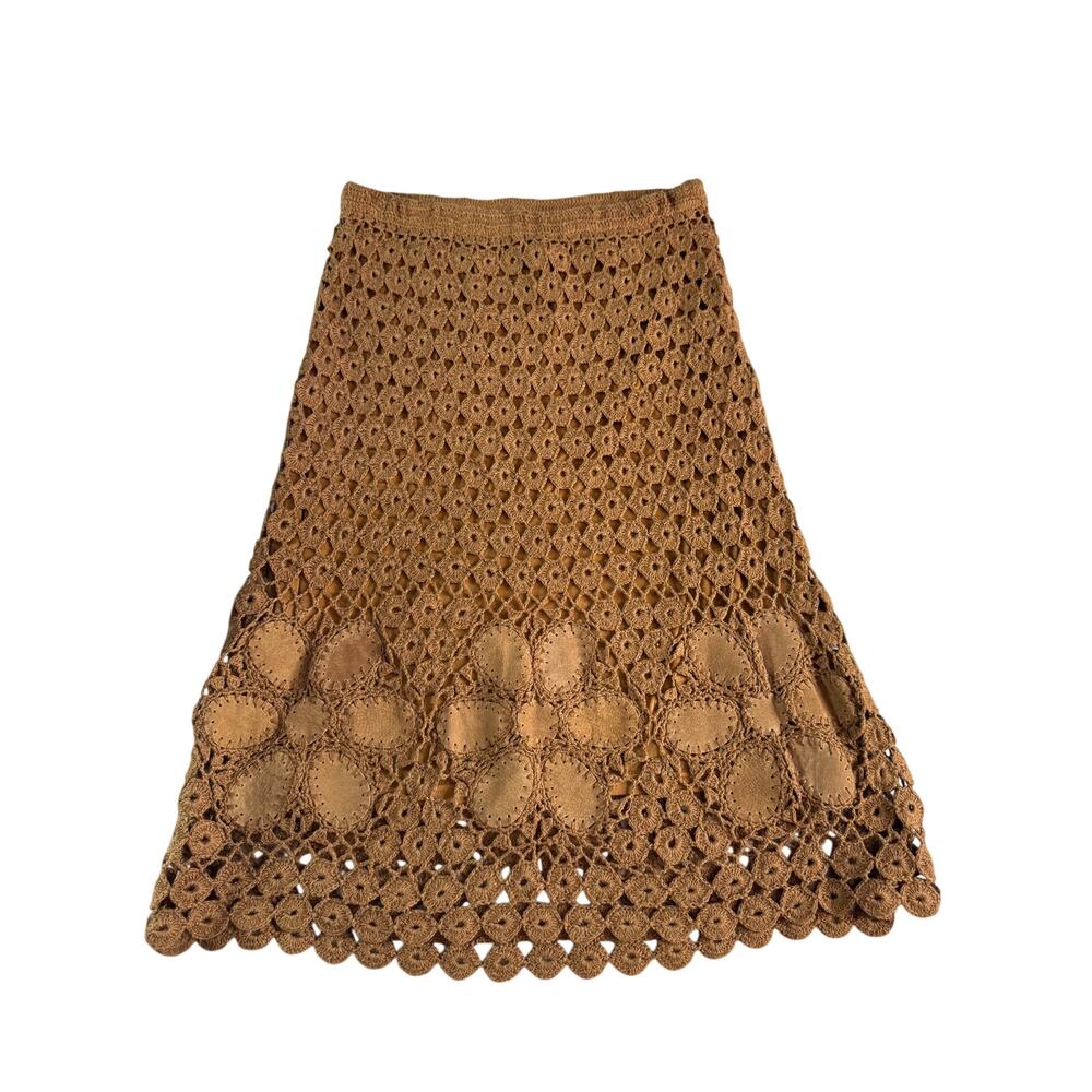 W Crochet Lace Boho Midi Skirt Brown Floral Hem Lined Size Large